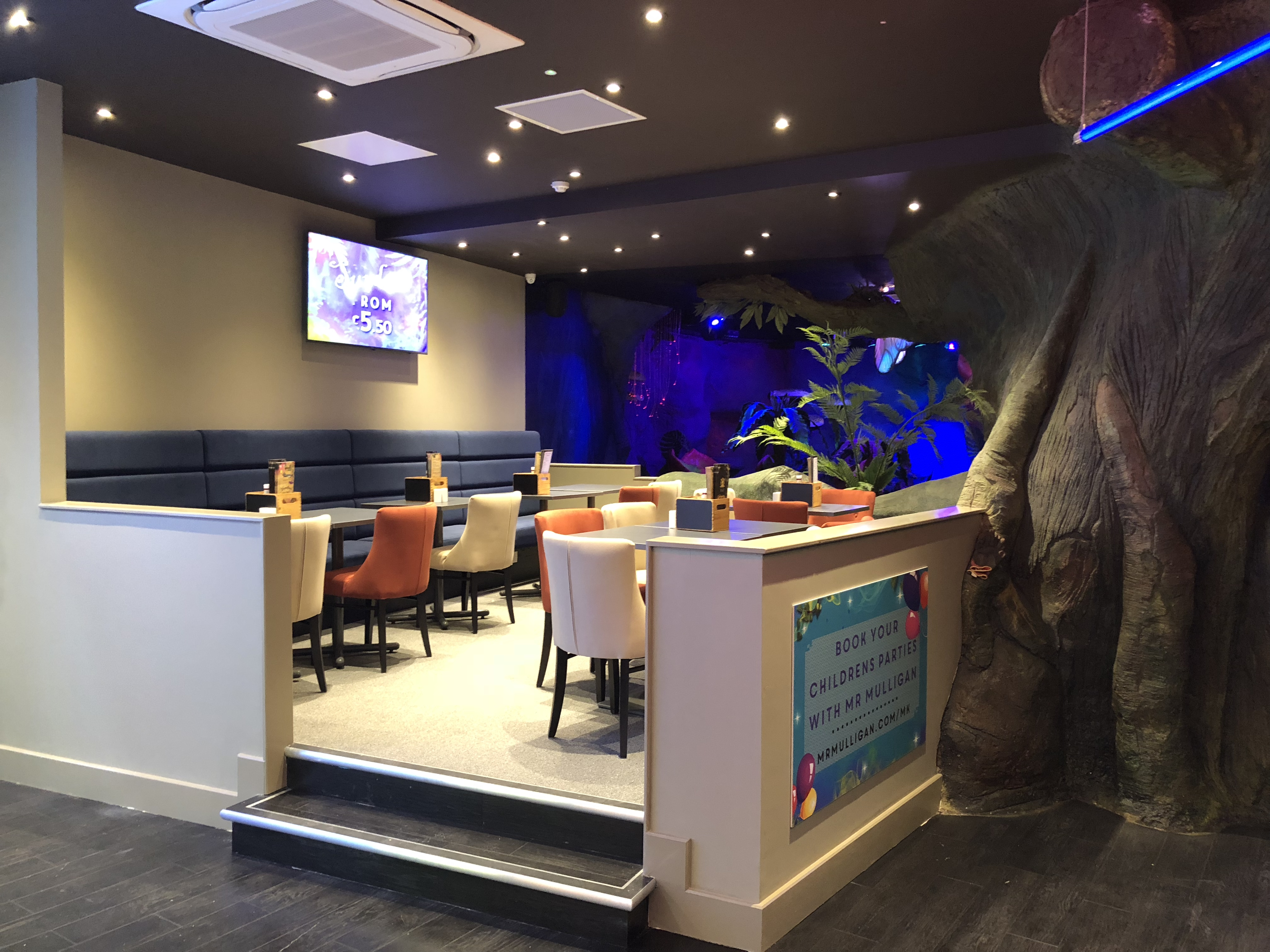 A view of the finished restaurant facing the golf course at lost world golf in Milton Keynes after the commercial fit out by RCEservices